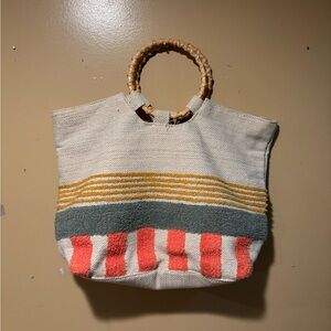 Striped Woven Tote Bag with Bamboo Handles